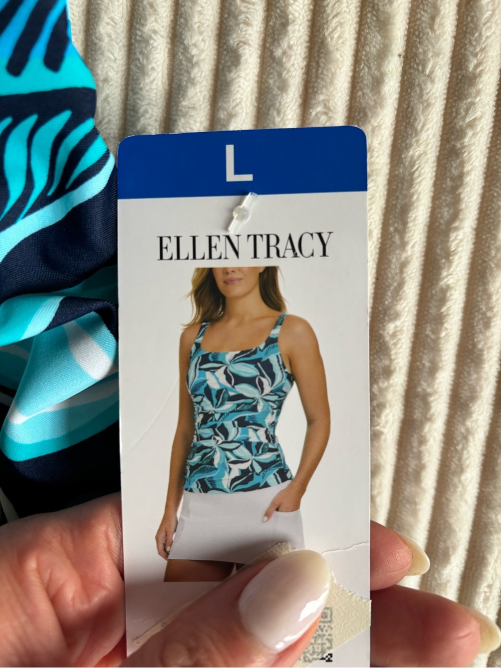 Ellen Tracy Teal and Navy Leaf-Print Swim Tank